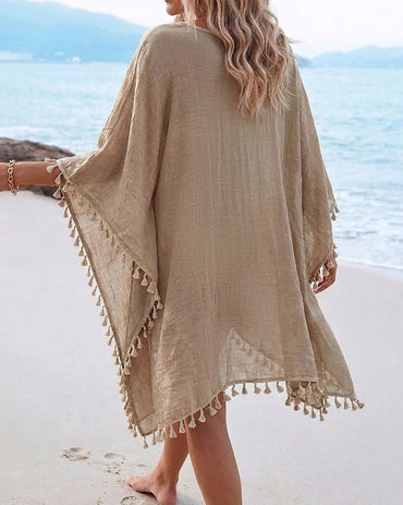 Women's Front & Back Reversible Beach Cover Up Crochet Lace Hollow Out Spliced Tassel Vacation Caftan Dress