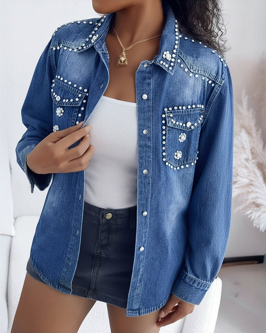 Vintage Rhinestone & Pearls Decor Turn-down Collar Button Front Asymmetrical Hem Coat Casual Flower Pattern Flap Pockets Design Washed Denim Coat