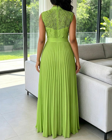 Mock Neck Sleeveless high Waist Pleated Maxi Dress Elegant Lace & Braided Spliced Zipper Back Evening Dress with Belt