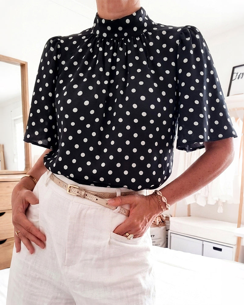 Women's Mock Neck Chiffon Blouse Polka Dot Ruched Elegant Flared Sleeve Top Casual Office Commute Shirt