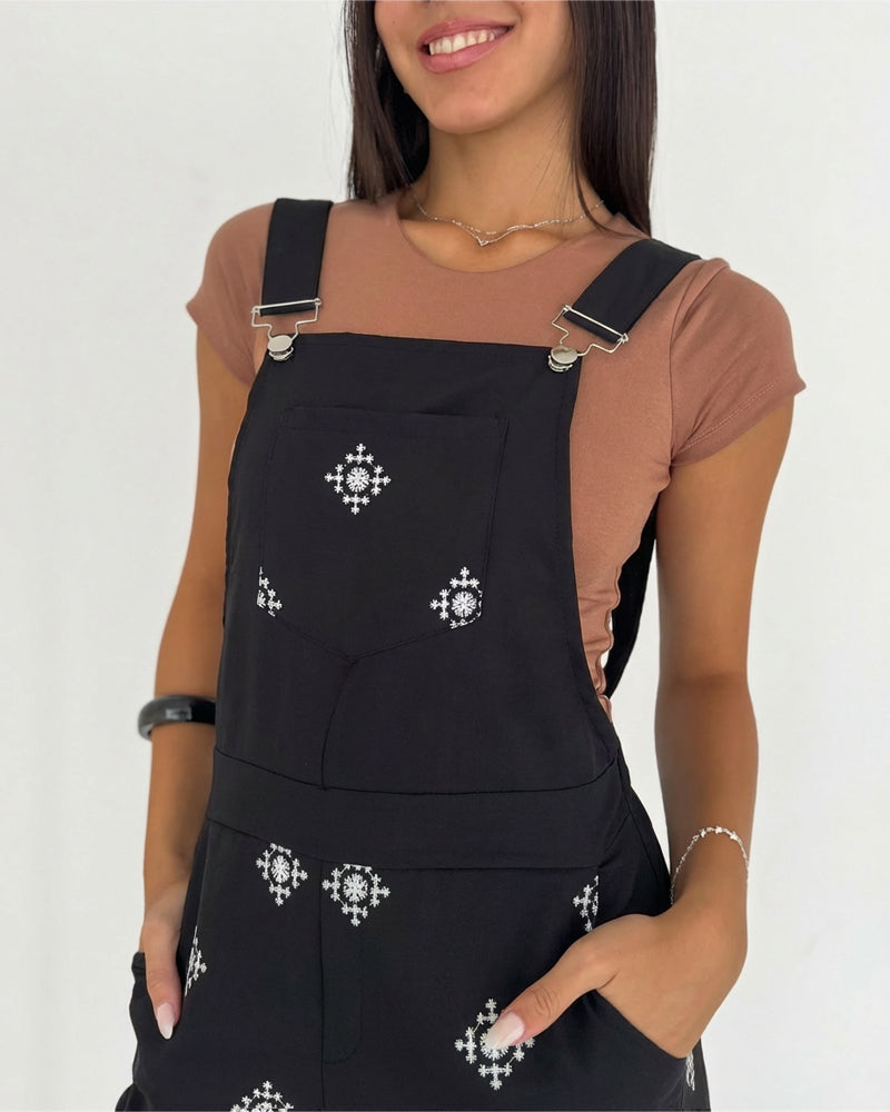 Vintage Embroidered Tribal Pattern Adjustable Straps Elastic Back Waist Suspender Jumpsuit with Front Bib Pocket