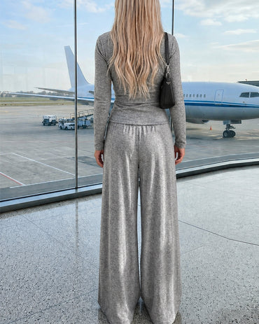 Women's 2 Piece Knit Lounge Set Long Sleeve Tie Waist Top and High Waisted Wide Leg Pants Casual Soft Sweatsuit with Pockets