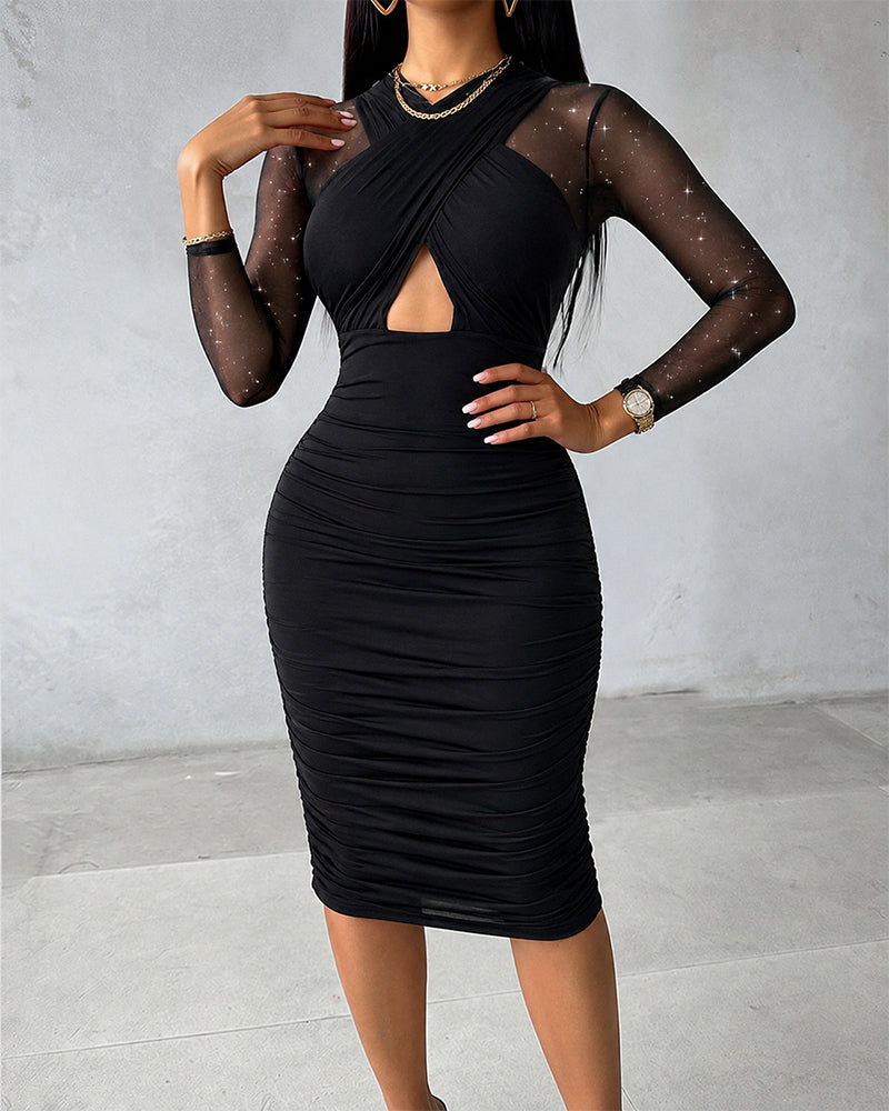 Women's Glitter Long Sleeve Bodycon Dress Criss Cross Hollow Out Sheer Mesh Spliced Party Midi Dress Sexy Evening Gown