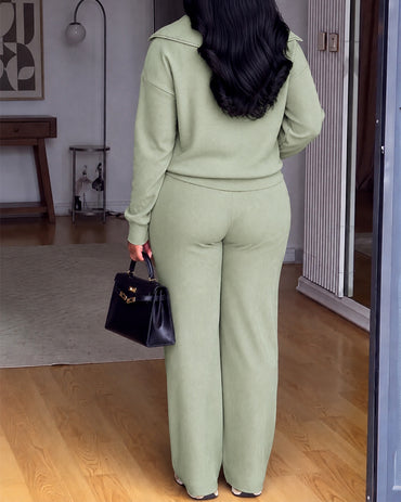 Conjunto de estar en casa de 2 piezas acanalado para mujer: sudadera de manga larga con media cremallera y pantalones de pierna recta, conjunto informal de pantalón deportivo