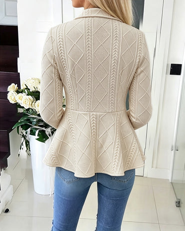 Abrigo tipo cárdigan de punto trenzado con rombos para mujer, elegante, con cuello de solapas, botones dorados, mangas largas y bajo con volantes