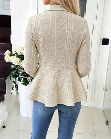 Women's Argyle Cable Knit Jacket Elegant Lapel Collar Gold Button Down Cardigan Ruffle Hem Long Sleeve Coat