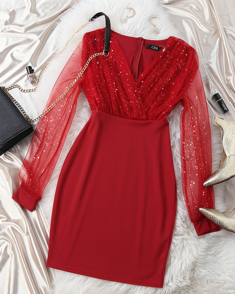 Glitter Sheer Mesh Spliced Overlap V-Neck Mesh Lantern Sleeve Mini Party Dress Ruched Zipper Back Slim Fit Evening Dress