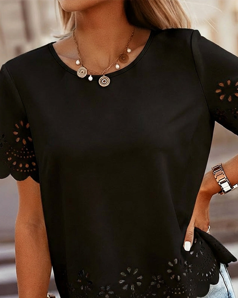 Round Neck Short Sleeve Eyelet Embroidery Tee Casual Scallop Trim Top