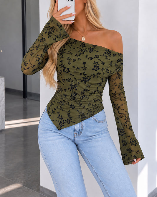 Women's Vintage Flocked Floral Sheer Mesh Convertible Shoulder Ruched Flare Sleeve Top