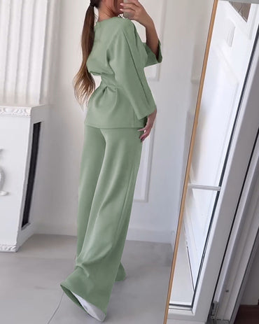 CHICME Women's Two-Piece Set Cinched Waist Long Sleeve Top and High-Waist Wide-Leg Pants Loose Commuting Set