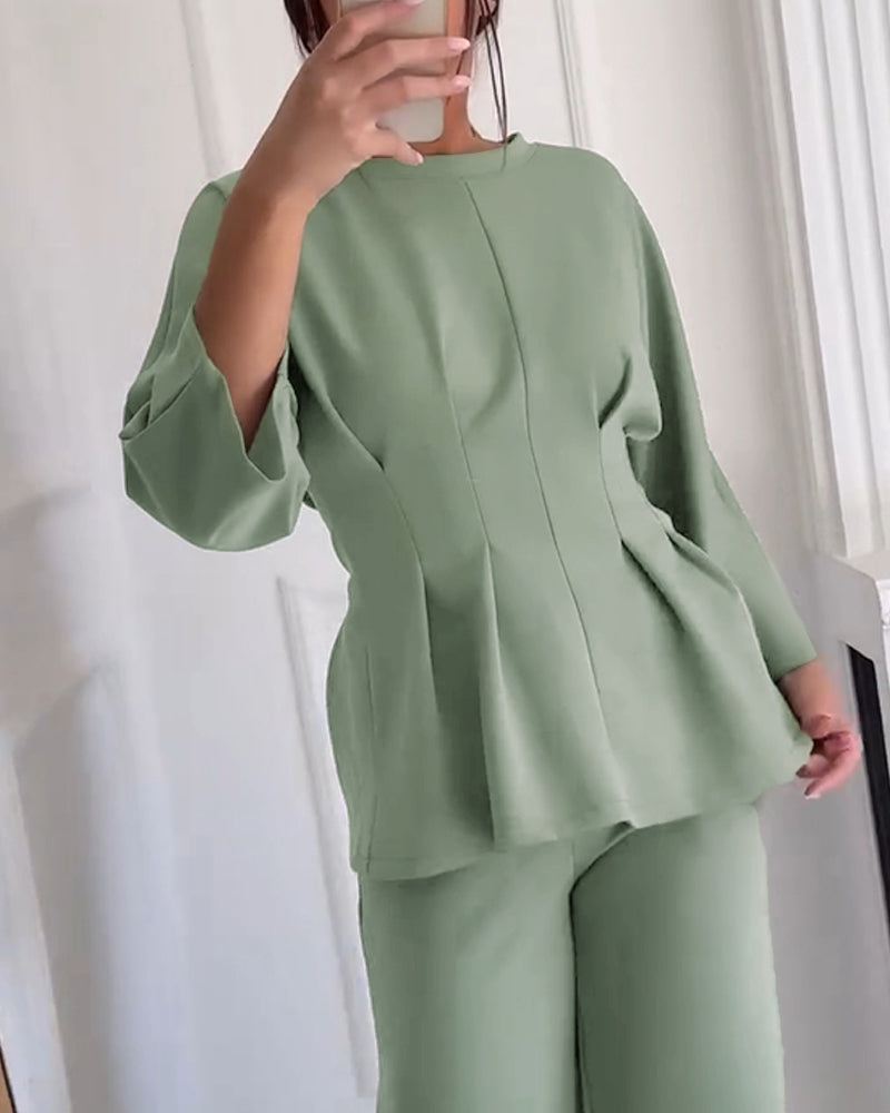 CHICME Women's Two-Piece Set Cinched Waist Long Sleeve Top and High-Waist Wide-Leg Pants Loose Commuting Set