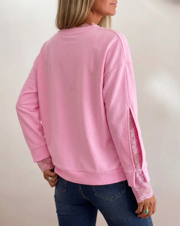 Women's Lace Patchwork Notch Neck Sweatshirt Casual Drop Shoulder Pullover Split Sleeve Top