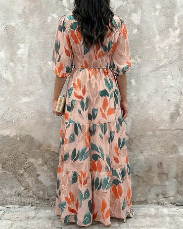 Plants Print V-Neck Half Sleeve Shirred Back Maxi Dress Casual Button Decor Ruched Ruffle Hem Vacation Dress