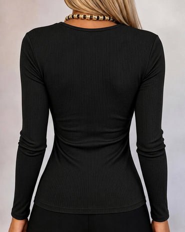Women's Gold Button Long Sleeve Crewneck Ribbed Knit Slim Fit Top