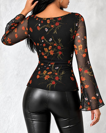 Women's Vintage Floral Mesh Cowl Neck Ruched Side Flare Long Sleeve Top