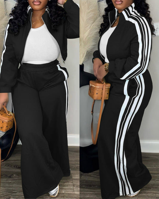 2 Pieces Outfit Stand Collar Zip Up Stretchy Hem Crop Coat and Elastic Waist Wide Leg Pants Set Casual Contrast Side Striped Set