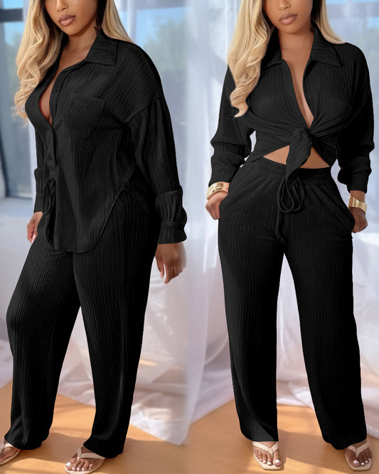 2 Pieces Outfit Turn-down Collar Button Front Pocket Design Asymmetrical Hem Top and Drawstring Elastic Waist Wide Leg Pants Set Casual Textured Set