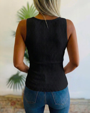 Rhinestone Decor U-Neck Sleeveless Tee Slim Fit Backless Ribbed Tank Top