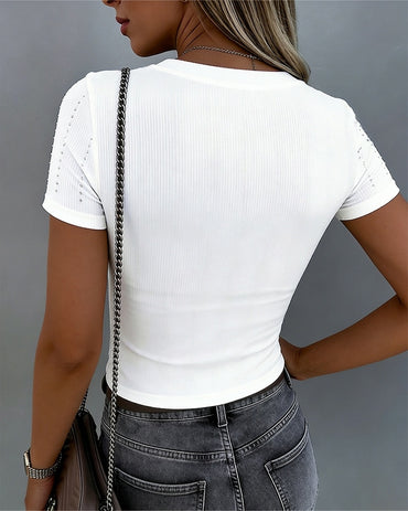 Women's Square Neck Ribbed T-Shirt Rhinestone Short Sleeve Top Slim Fit Knit Tee Basic Tee