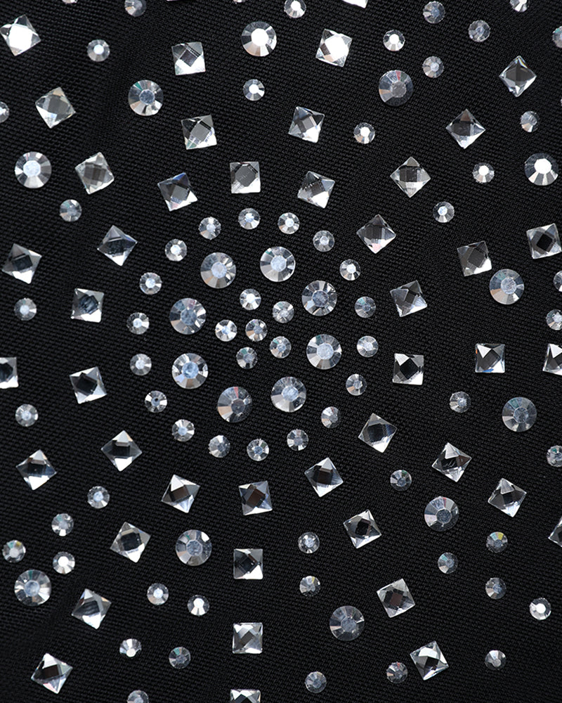 Rhinestone Decor Mock Neck Long Sleeve Bodysuit Sexy Hollow-out Back Slim Fit Sheer Mesh Bodysuit