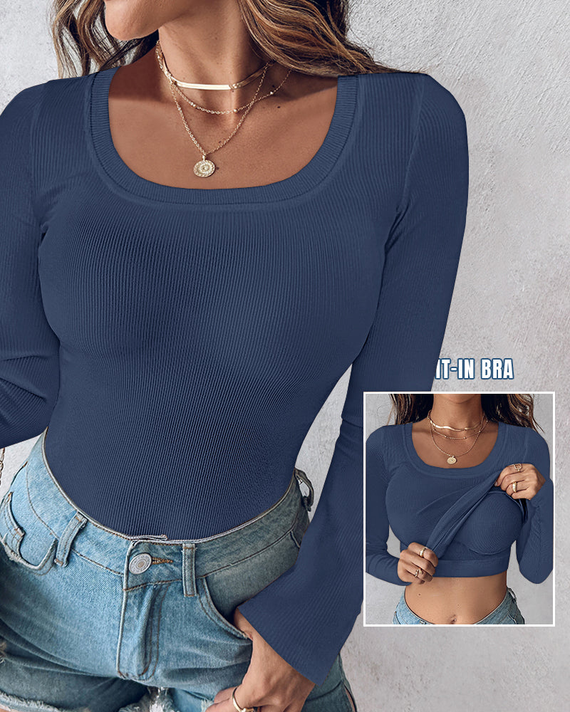 ChicMe Built-in Bra U-Neck Long Sleeve Ribbed Top