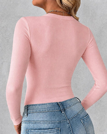 Langarm-Rippstrick-Top für Damen mit Rundhalsausschnitt, schmaler Passform, Basisschicht-Shirt, weiches, dehnbares Freizeit-T-Shirt mit integriertem BH