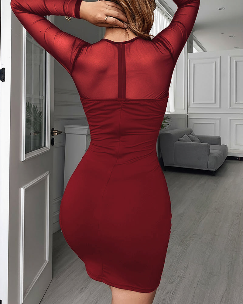 Rhinestone Decor Sweetheart Neck Sheer Mesh Spliced Mini Dress Mesh Long Sleeve Zipper Back Bodycon Dress