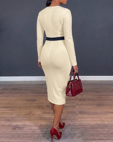 Women's Contrast Binding Midi Dress Long Sleeve Office Pencil Dress Slim Fit Side Slit Dress