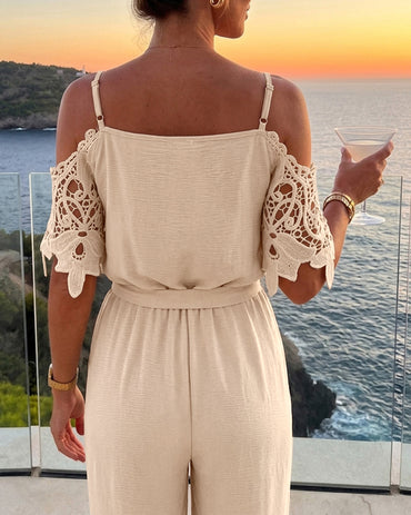 Women's Cold Shoulder Jumpsuit Gold Chain Lace Patchwork Overalls Tapered Leg Jumpsuits with Pockets & Belt