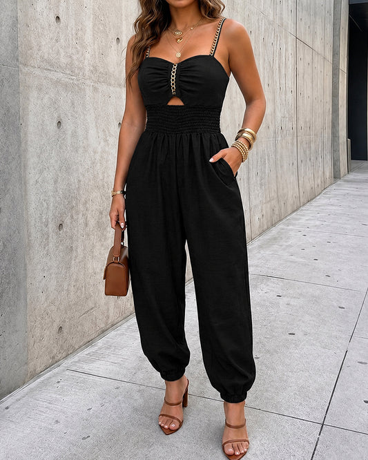 Women's Chain Strap Jumpsuit Hollow Out Shirred Waist Overalls Casual Jogger Jumpsuit with Pockets