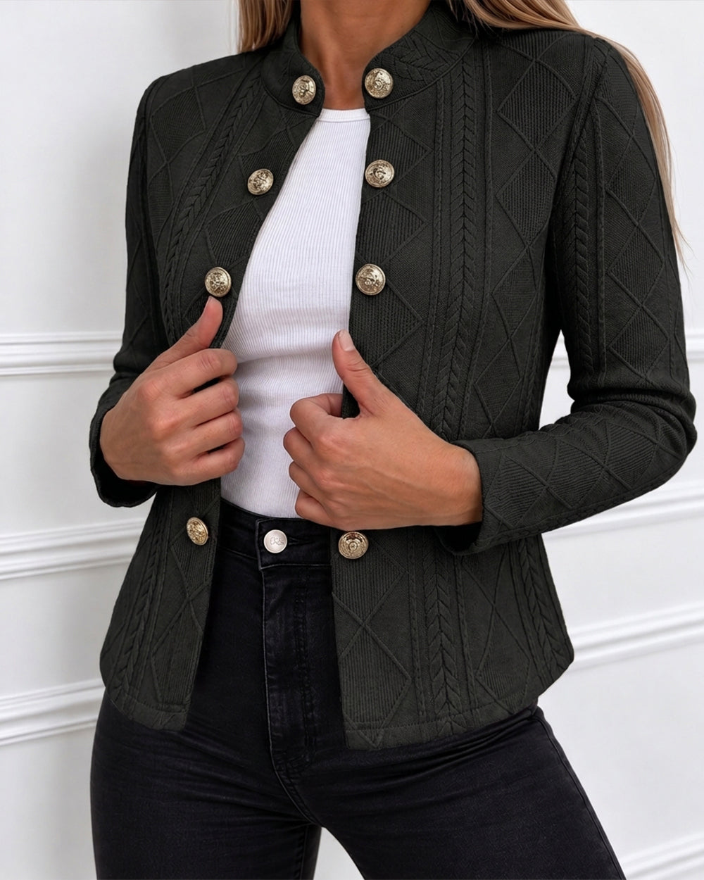 Metal Double Breasted Decor Stand Collar Argyle & Cable Textured Coat