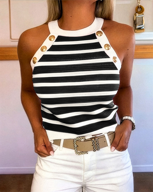 Women's Striped Halter Knit Tank Top Sleeveless Rib-Knit Camisole Gold Button Detail Slim Fit Summer Top