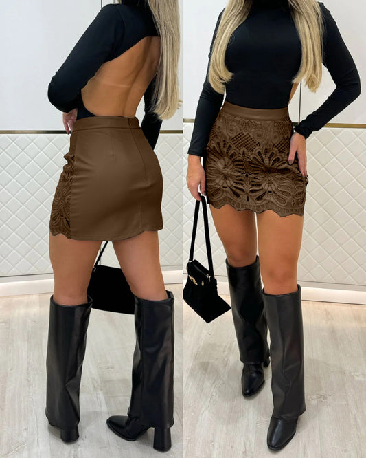 PU Leather Hollow-out Pattern Zipper Back Bodycon Skirt