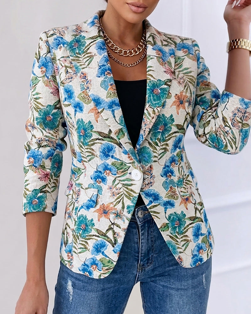 Women's Vintage Floral Jacquard Blazer Elegant Single Breasted Lapel Collar Coat