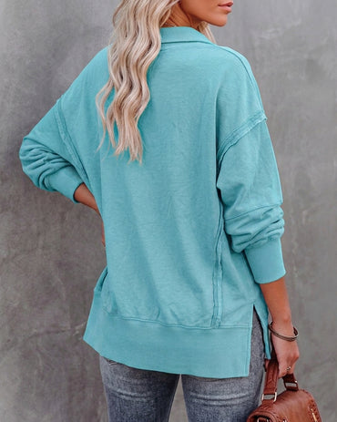 Half Snap Button Front Drop Shoulder Batwing Sleeve Sweatshirt Loose Fit Side Slit High-Low Hem Casual Top