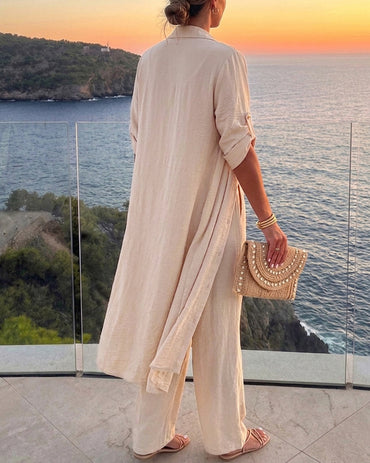 Women's Textured Two Piece Outfit Long Sleeve Button Down Longline Shirt and Wide Leg Pants Set Casual Matching Set