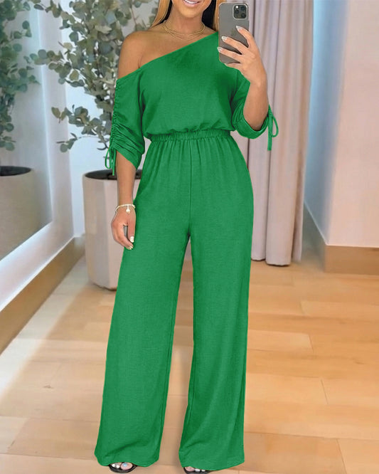 Stretchy Skew Neck Drawstring Sleeve Elastic Waist Overalls Casual High Waist Wide Leg Jumpsuit