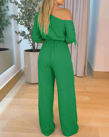 Stretchy Skew Neck Drawstring Sleeve Elastic Waist Overalls Casual High Waist Wide Leg Jumpsuit