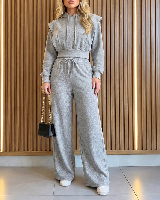 2-teiliges Outfit, langärmliges, kurzes Kapuzenpullover-Sweatshirt mit Kordelzug, Bündchen mit Daumenlöchern und lässigem Jogginghosen-Set mit Kordelzug und elastischer Taille mit weitem Bein