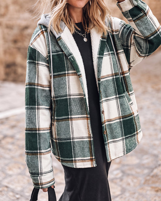 Kariertes Muster, langärmelige Shacket-Knöpfe, Fleece-gefütterte Kapuzenjacken, warmer Mantel