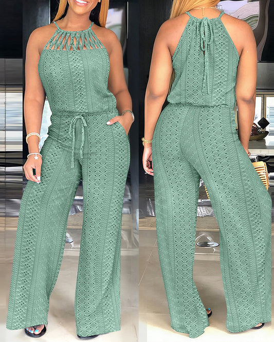 CHICME Women's Halter Tie Knit Jacquard Jumpsuit Hollow-Out Criss-Cross Front Wide-Leg Romper with Adjustable Drawstring Waist