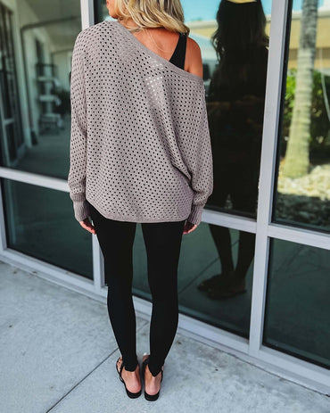 Women's Hollow-out Knit Sweater Skew Neck Loose Batwing Sleeve Top Casual Long Sleeve Knit Top