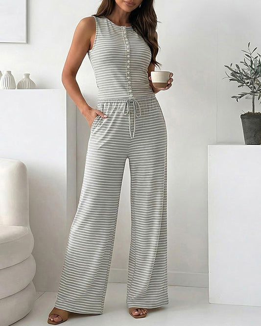Women's Striped 2 Piece Set Sleeveless Button Knit Top and Elastic Drawstring Pants Casual Loungewear