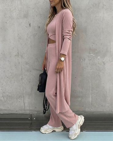 Women's 3 Piece Knit Set Long Cardigan Criss Cross Crop Tank Top and Wide Leg Pants Casual Ribbed Brushed Lounge Set