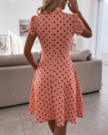 Women's Polka Dot A Line Dress Vintage Tie Neck Puff Sleeve Lace Patchwork Commuting Dress with Pockets