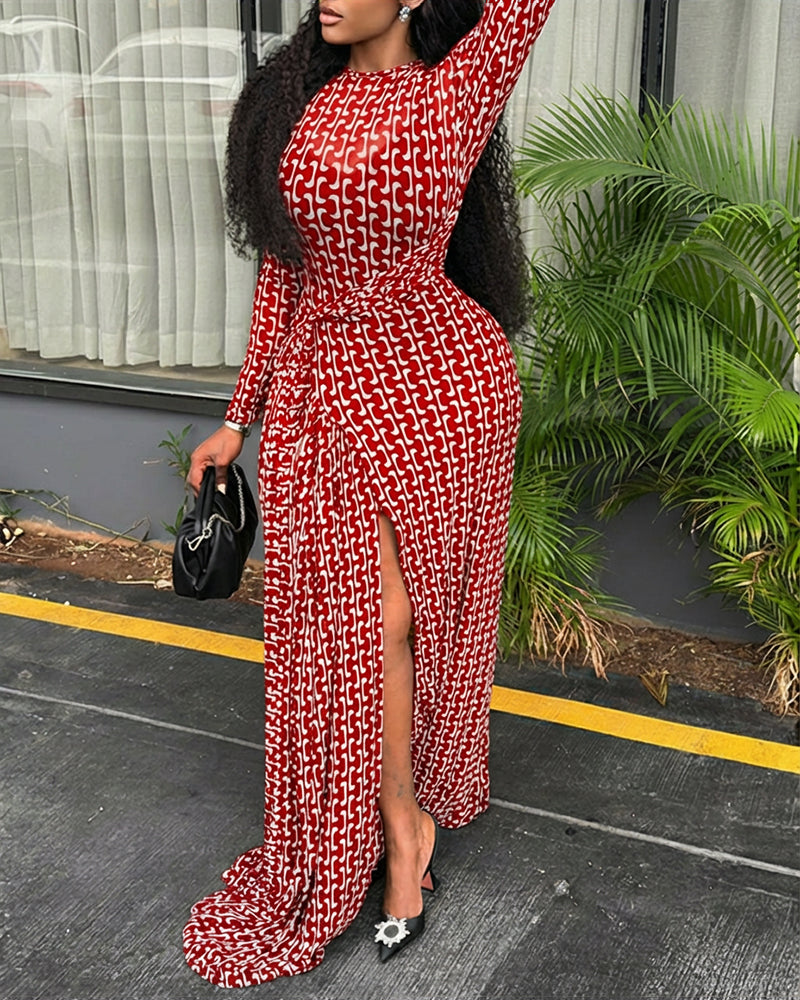 Geometric Print Long Sleeve Waist Tied Detail Maxi Dress Casual Slim Fit Slit Vacation Dress