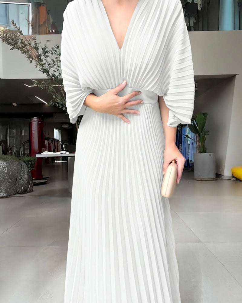 Deep V-Neck Batwing Sleeve High Waist Pleated Maxi Dress Casual Cinched Waist Backless Tied Detail Zipper Back Evening Dress
