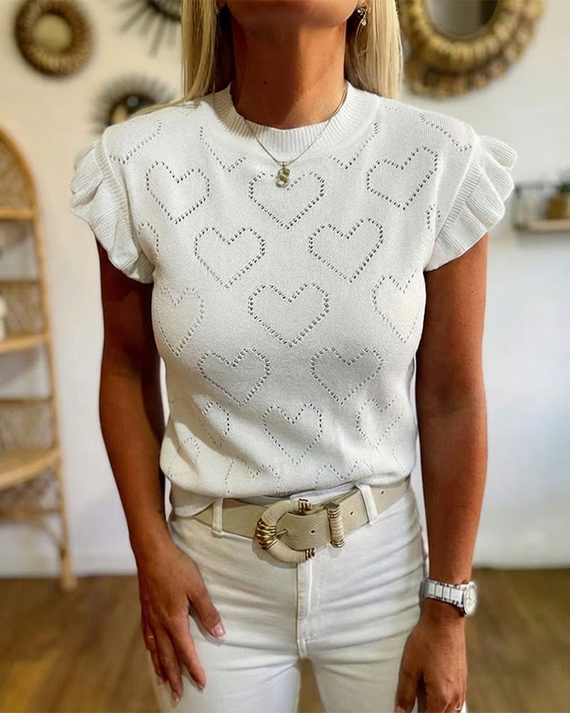 Allover Hollow-out Heart Pattern Round Neck Ruffles Short Sleeve Knit Top