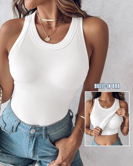 Camiseta de tirantes acanalada de cuello redondo con sujetador integrado de ChicMe