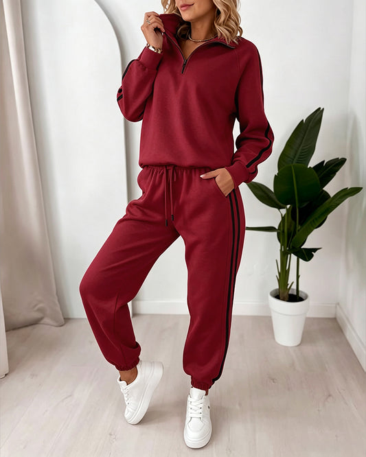 Damen-Set mit kontrastierendem Seitenstreifen, zweiteiliger Sweatsuit, Sweatshirt mit halbem Reißverschluss und hoch taillierter Jogginghose, lässiger Trainingsanzug